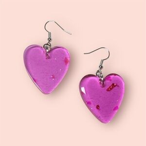 Handmade candy heart resin earrings with glitter and pink foil